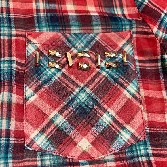 Women's Plaid Semi Sheer Button Up Shirt Size Medium Embellished Cowgirl Rodeo - Picture 5 of 8